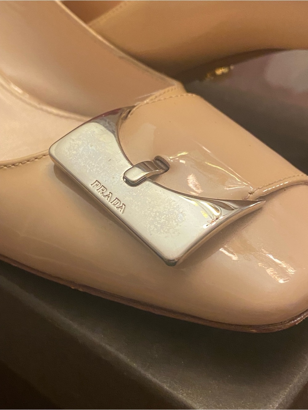 Prada Milano Patent Leather Nude Low Heel Pumps w/Buckle, Sz. 35, Fair - Picture 5 of 13